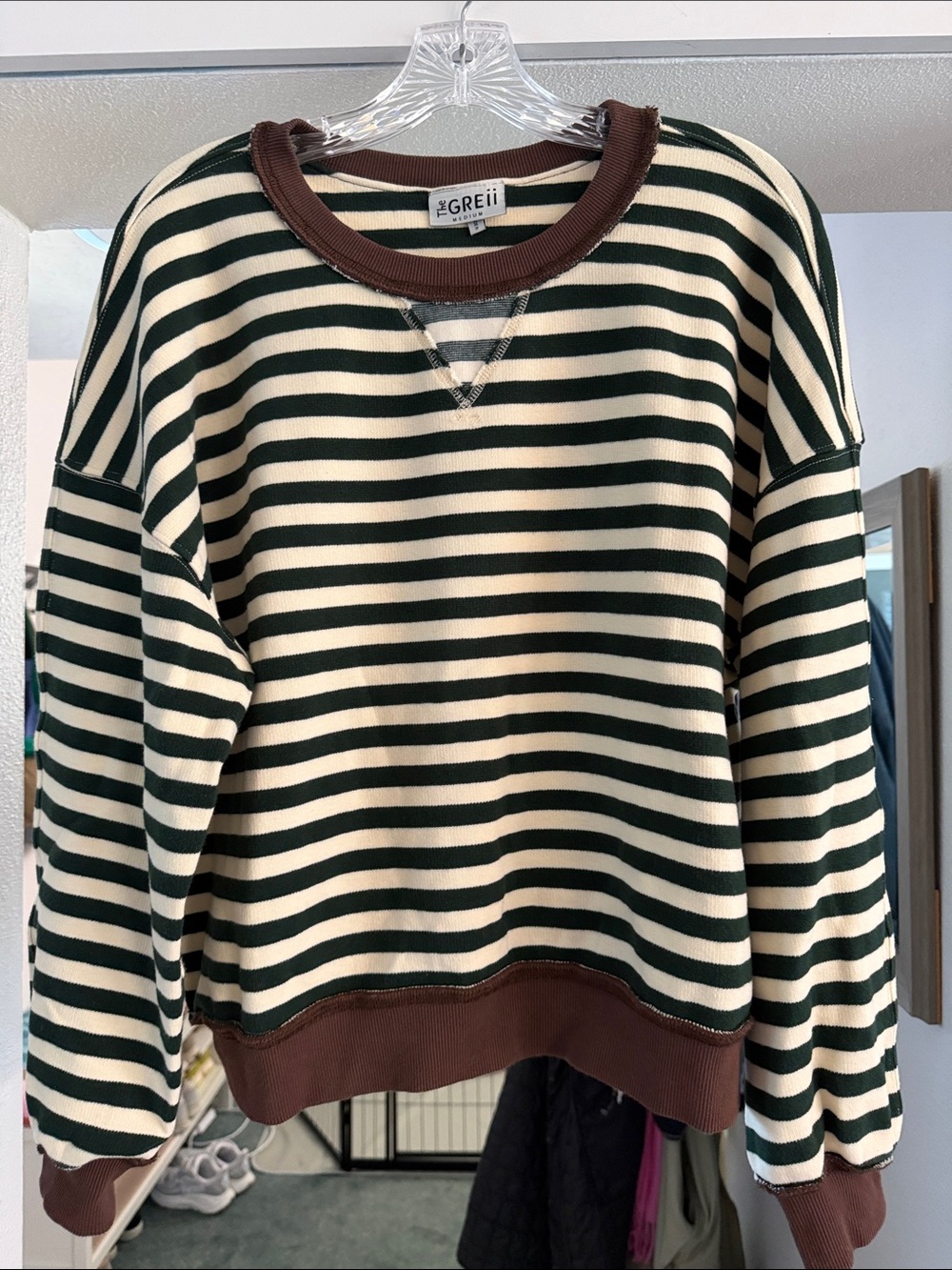 Women's Striped Crewneck Sweatshirt in Cream & Dark Green with Brown Trim